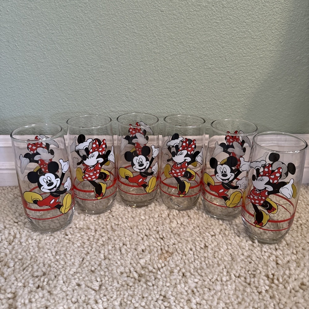 6 MICKEY MINNIE MOUSE DISNEY ANCHOR HOCKING 16 OZ 6" FUN DRINKING GLASSWARE 80S